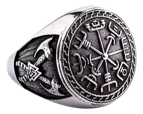 Anillo Brujula Vikingo Vegvísir Axe Acero Color Plata Hombre