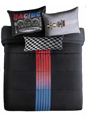 Edredón Matrimonial /qs Racing F1 +2 Fundas +1 Cojín Vianney Color Negro