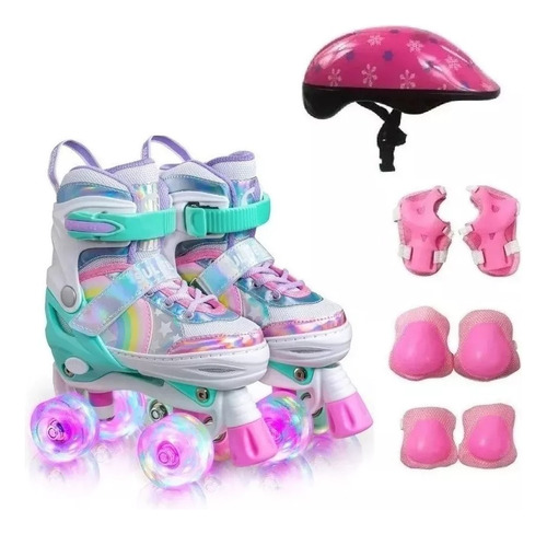 Patins Quad Lindo Tam/ajustável + Kit Proteção Rodinhas Led