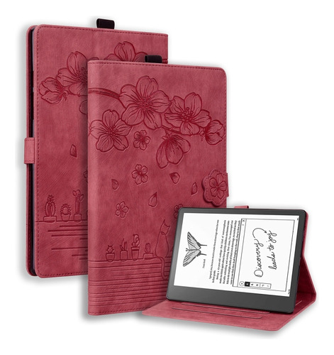Funda De Piel De Gato Sakura Roja Para Amazon Kindle Scribe