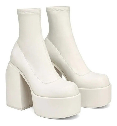 Botas Mujer Con Plataforma Tacón Alto Grueso Blanco Negro×1