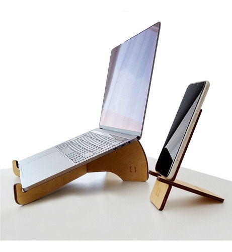 Kit Personal Soporte Stand Apoya Notebook + Celular Madera 