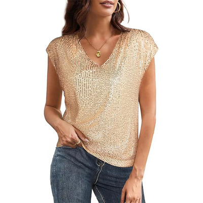 Camiseta De Manga Corta Con Cuello En V Y Lentejuelas Para M