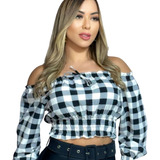 Camisa Feminina Xadrez Blusa Cropped Manga Longa Junina