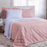 Kit Cobre Leito Cama Casal Queen Bordado 100% Algodão 3 Pçs Cor Rose