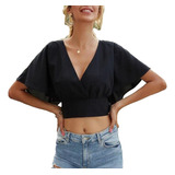 Blusa Crop Top Cruzado Cuello En V Manga Corta Moño Trasero