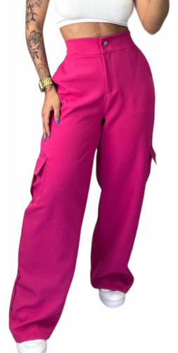 Calça Cargo Alfaiataria Pantalona Bolsos Laterais Rosa Pink