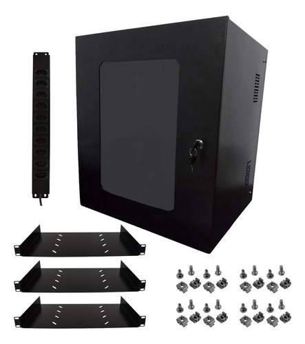 Rack Organizador 12u Com 3 Bandejas E Regua 10 Tomadas