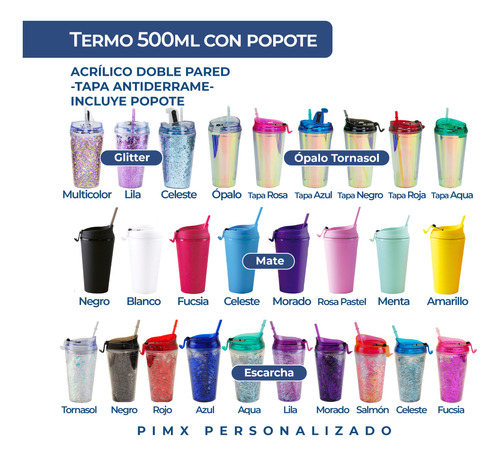 Termo Antiderrame 500ml Sin Personalizar Acrílico + Popote