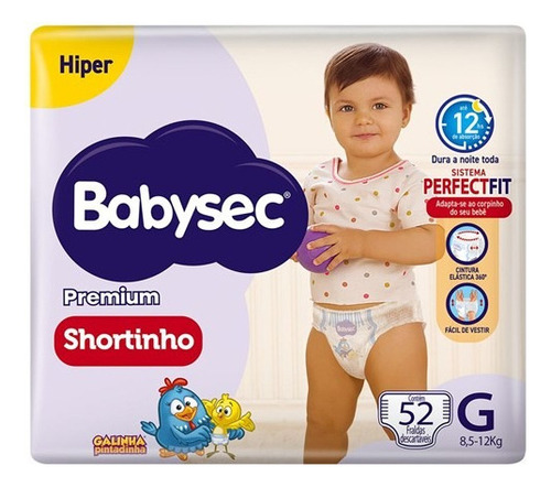 Fralda Babysec Premium Shortinho Sistema Perfctfit G 52 Unid Tamanho Grande (g) 8,5 - 12kg