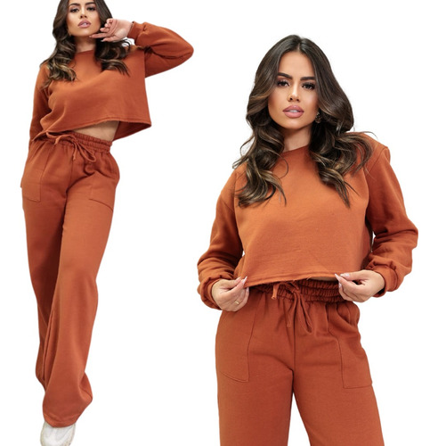 Conjunto Cropped Feminino E Calça Wide Leg Pantalona Moletom