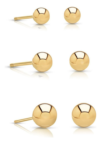 Juego De 3 Pares De Aretes Con Bola De Oro De 14 K (3 Mm, 4 