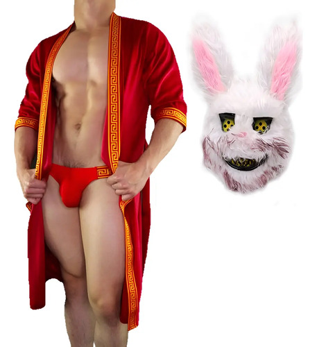 Combo Disfraz Sexy Playboy Bata Roja Zuppo Y Mascara De Conejo U Oso Asesino