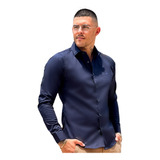 Camisa Masculina Tencel Manga Longa Marinho Slim Fit Social