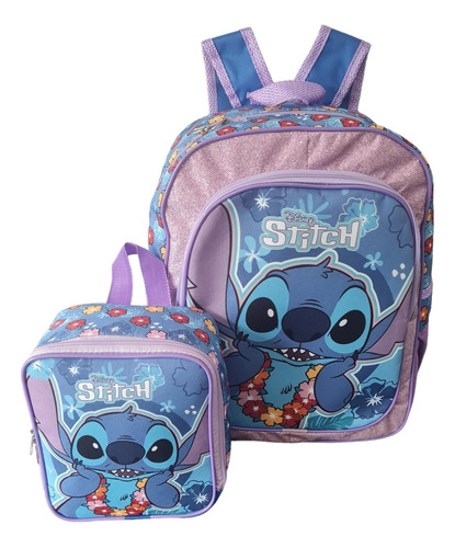 Mochila Meninas Lilo & Stitch Aloha Azul G Costas+ Lancheira