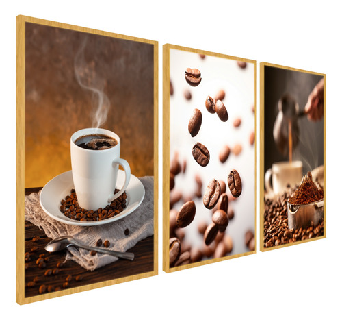 Quadros Decorativo Café Xicara Moldura Grande 3 Peças Luxo