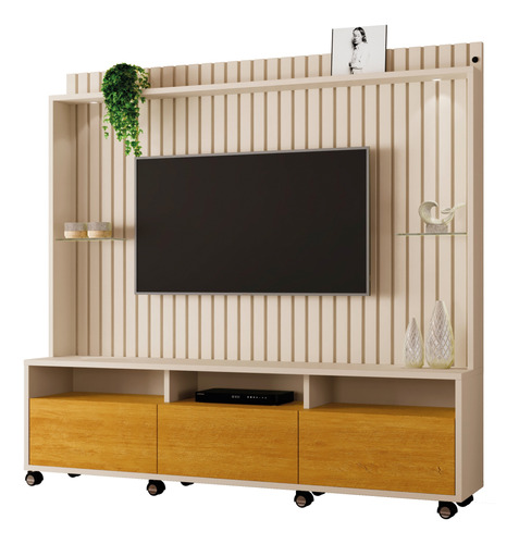 Estante Home Rack Ripado Tv Até 65 Com Luzes De Led Rodinhas