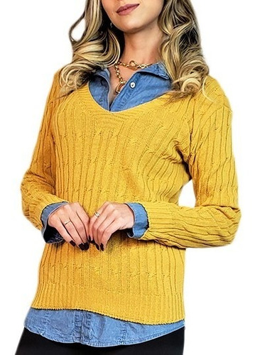 Suéter Feminino Tricot Cordão Gola V Casaco Inverno Blusa