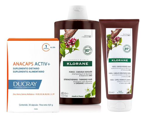 Combo Anticaida Anacaps + Klorane Shampoo + Acondicionador