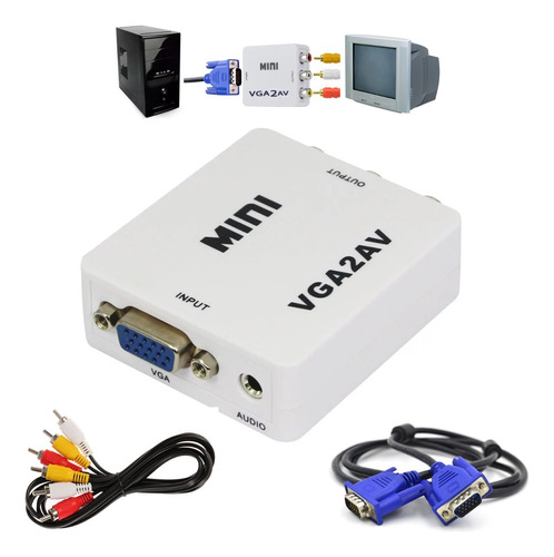 Mini Adaptador Entrada Vga Saida Av Rca + Cabo Rca E Vga