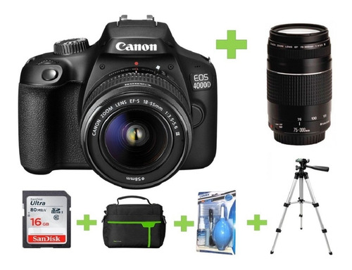 Camara Canon Eos 4000d-t100+18-55+75-300+16gb+bolso+kit+trip