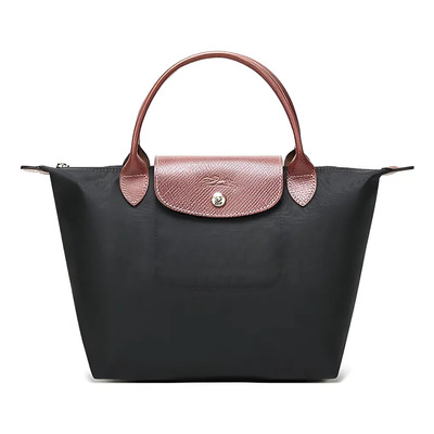 Bolsa Tote Longchamp Le Pliage Negra Asas Marrón Oscuro Plástico Negro Liso Níquel Correa
