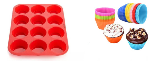 Set Molde Muffins Silicona X12 + 12 Individuales Apto Horno