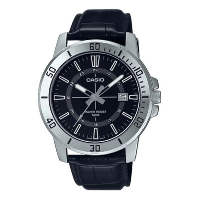 Reloj Casio Mtpvd01l 1c Hombre Correa Fechador Correa Negro Bisel Plateado Fondo Negro MTP-VD01L-1C | Envío gratis