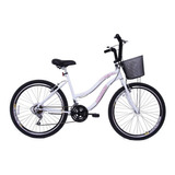 Bicicleta Feminina Aro 26 18 Machas Com Cesta Passeio Beach Cor Branco