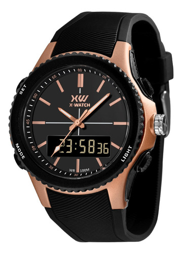 Relógio X-watch Masculino Anadigi Esportivo Resistente Shock Cor Da Correia Preto Cor Do Bisel Rosê Cor Do Fundo Preto