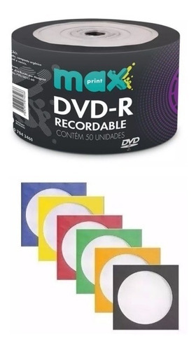 50 Dvd-r Maxprint C/logo 16x + 50 Envelopes Papel Colorido