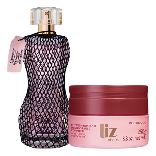 Combo Glamour Secrets Black Colônia 75ml + Hidratante Liz Intenso 250g Kit Presente O Boticário Fragrância Exclusiva E Marcante Feminina 