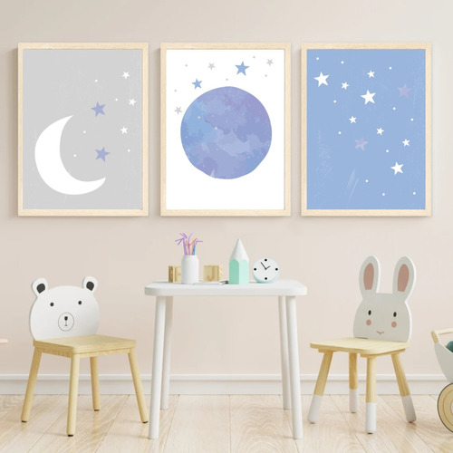 Set X3 Cuadros Infantiles Luna Estrellas 30x40 Completos!