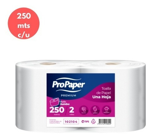 Toalla De Papel Jumbo 250 Mts  X 2 Rollos