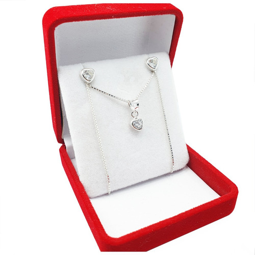 Conjunto Plata 925 Modelo Corazón Cubic Aros Cadena Dije Jc