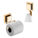 Kit Porta Papel Higiênico Gancho Utensílios Ventosa Dourado