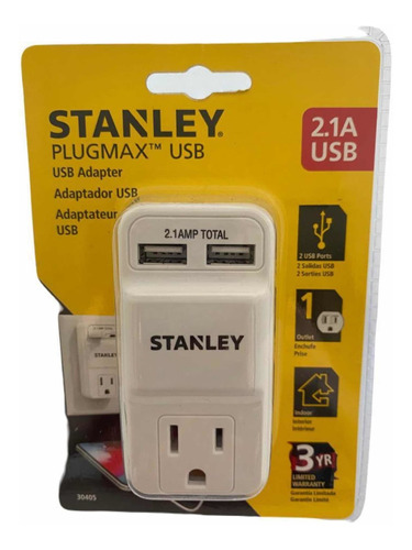 Adaptador Usb Marca Stanley 2.1a Dos Puertos Para Viaje Usa