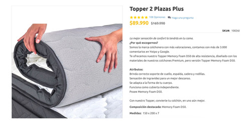 Topper Memory Foam D50, Alta Resistencia. Impecable, Un Uso