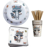 Combo Cumple Mapache Plato Servilleta Vaso Sorbete