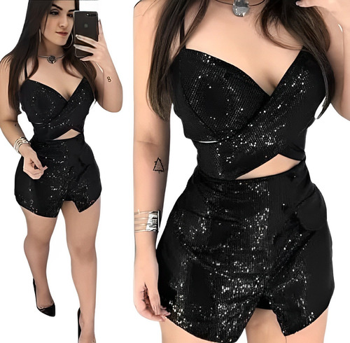 Conjunto Paetê Plus Size Saia  E Cropped Elegante Festa