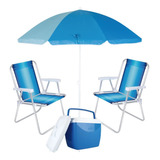 Guarda Sol +  Caixa Térmica Azul 18 L + 2 Cadeiras De Praia