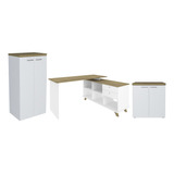 Conjunto Escritório 3 Peças Mesa Em L Golden A06 Olmo/branco