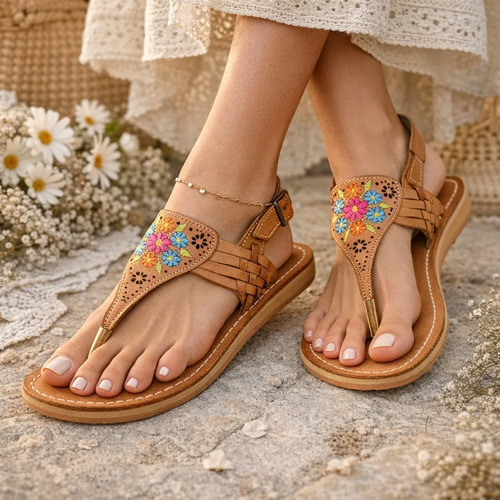 Sandalias Mexicanas Piel Piso Bordado Flores Huaraches Mujer