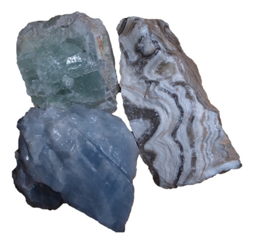 Mineral De Colección 3 Piezas Fluorita, Zebra Y Calcita Azul