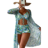 Bikini De Hilo Con Estampado Completo Y Kimono Playero