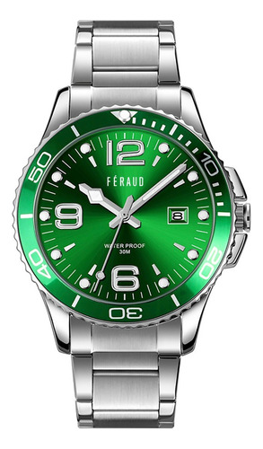 Reloj Feraud Hombre Acero Verde Calendario Lupa F5572 Gslv