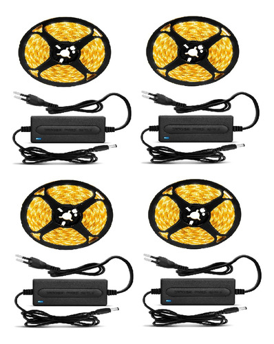 4 Fita Led Com 5m 3528 Amarelo Ambar Aprova + 4 Fonte 3a 12v