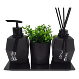 Kit Lavabo Preto Fosco Decorado / Bandeja Pingente Porta Esc