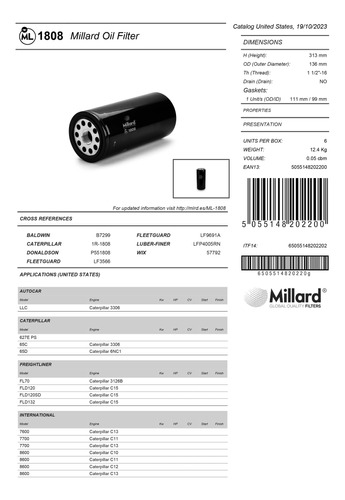 Filtro De Aceite Ml-1808 (57792) Caterpillar Cummins Foto 4