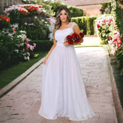 Vestido Noiva Simples Branco Manga Brilho Civil Praia Campo | Frete grátis